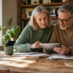 A mature couple in their 60s sits at a sunlit wooden table at home, calmly reviewing their health savings plan on a tablet.
