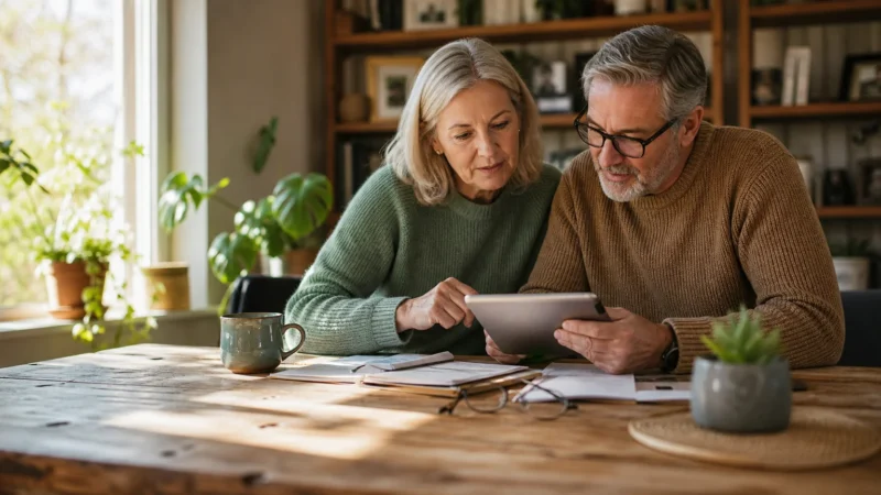 A mature couple in their 60s sits at a sunlit wooden table at home, calmly reviewing their health savings plan on a tablet.
