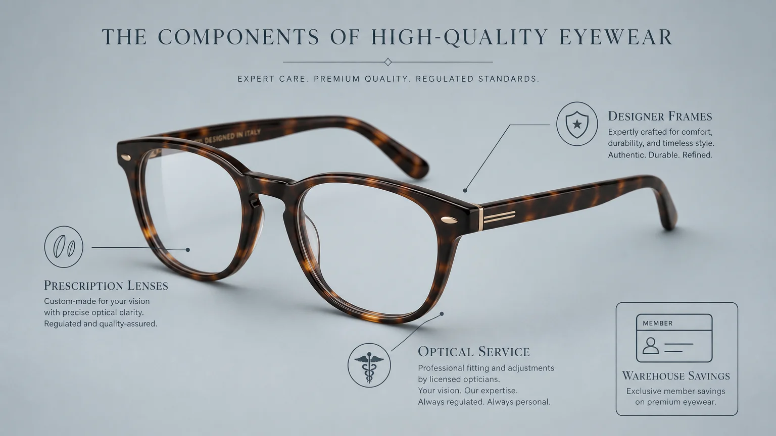 A minimalist diagram of designer eyeglasses with labels highlighting optical services and warehouse savings.
