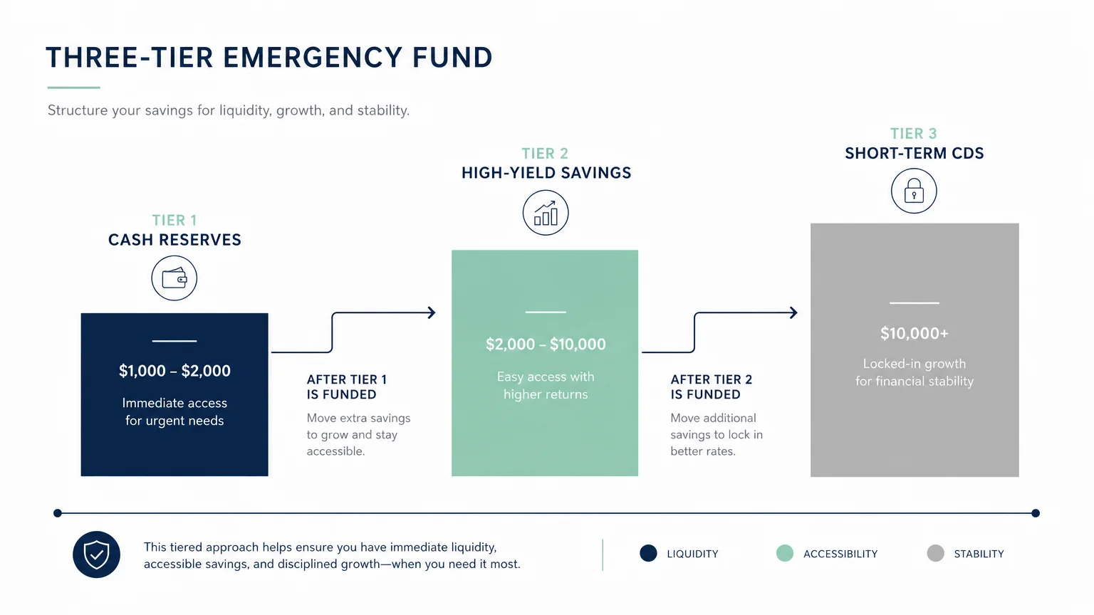 A minimalist horizontal diagram showing three connected boxes labeled Cash Reserves, High-Yield Savings, and Short-Term CDs.
