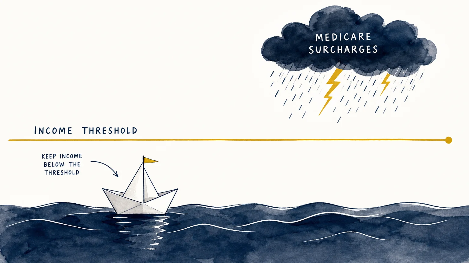 A minimalist illustration of a sailboat floating safely beneath a horizontal line representing an income threshold.