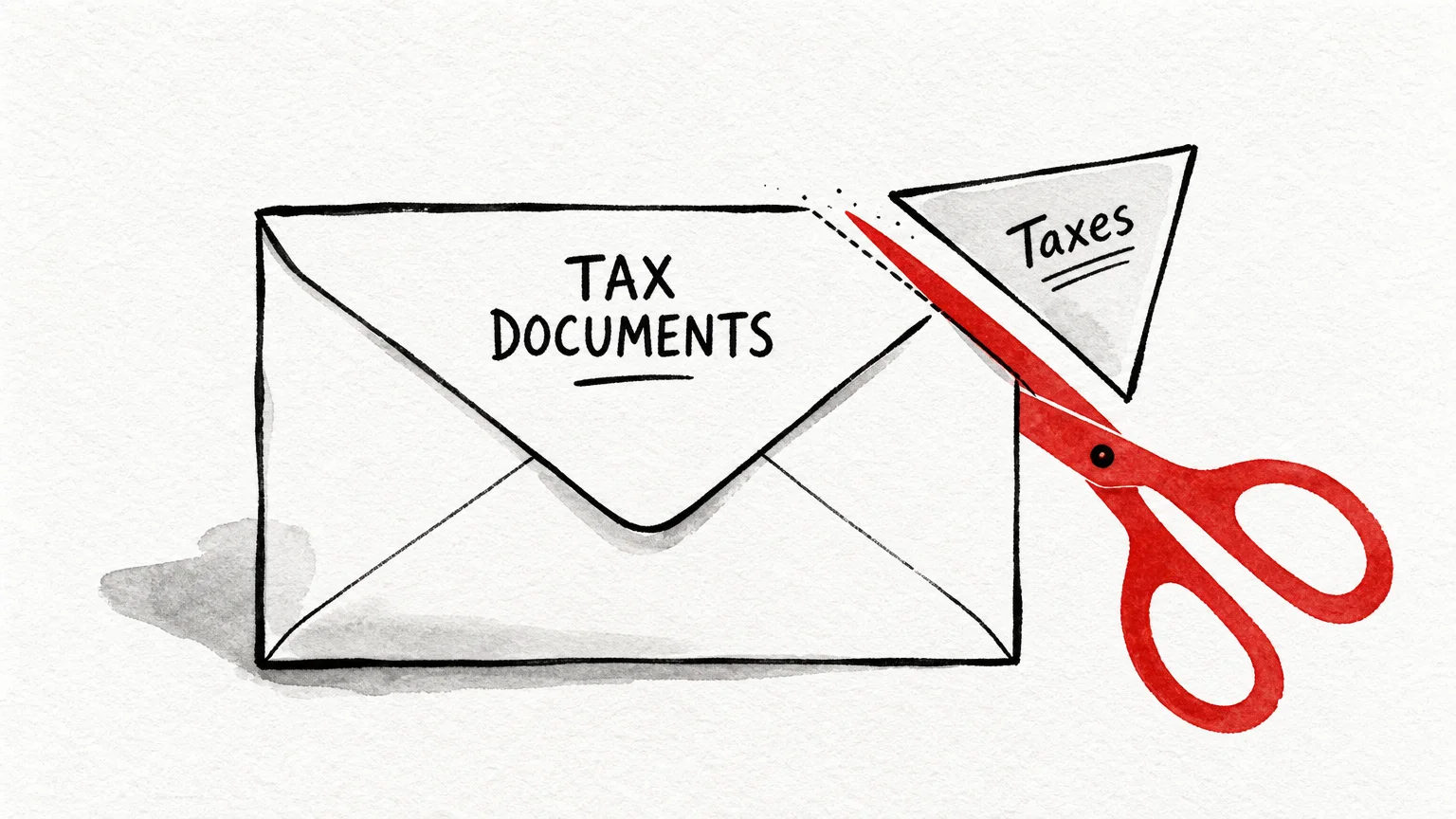 A minimalist ink and red watercolor illustration of scissors clipping a small corner labeled 'Taxes' off a document.