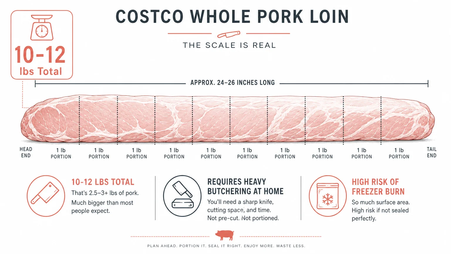 A minimalist scale diagram showing a 10-pound pork loin and the extensive home butchering required to portion it.