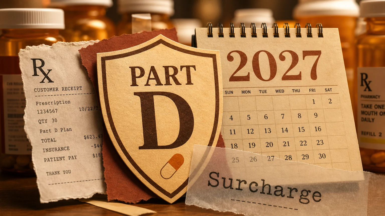 A mixed media artwork featuring a Part D shield and pharmacy textures to represent prescription surcharges.