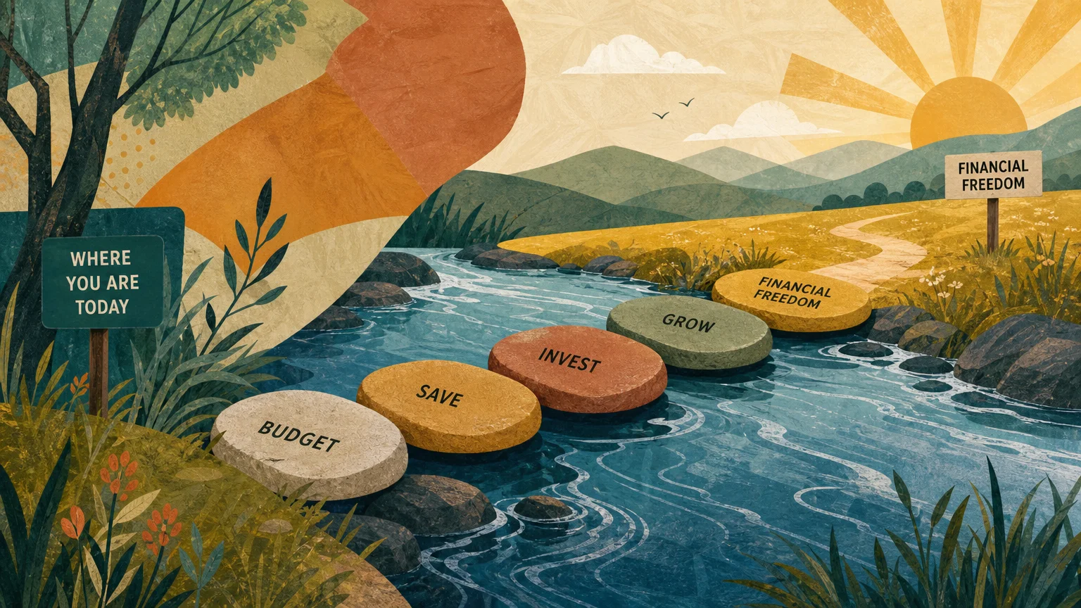 A modern gouache illustration of stepping stones bridging a gentle creek, symbolizing a strategic financial bridge.