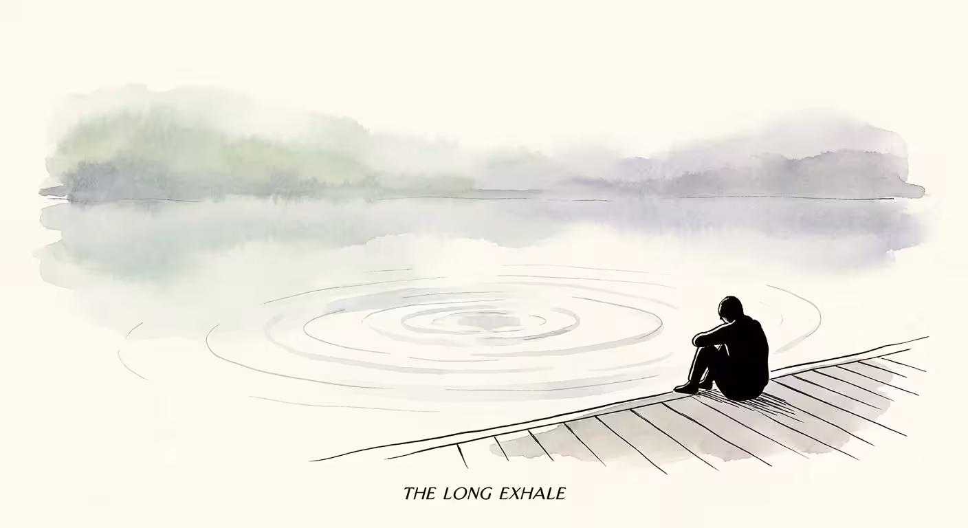 A peaceful watercolor illustration of a person sitting on a wooden deck overlooking a misty, calm lake.