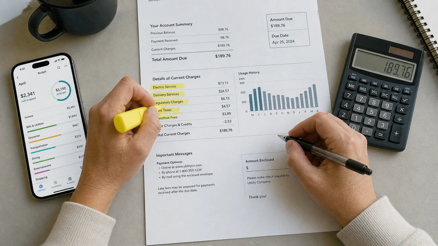 A person highlighting items on a household bill, representing the act of reducing fixed expenses.