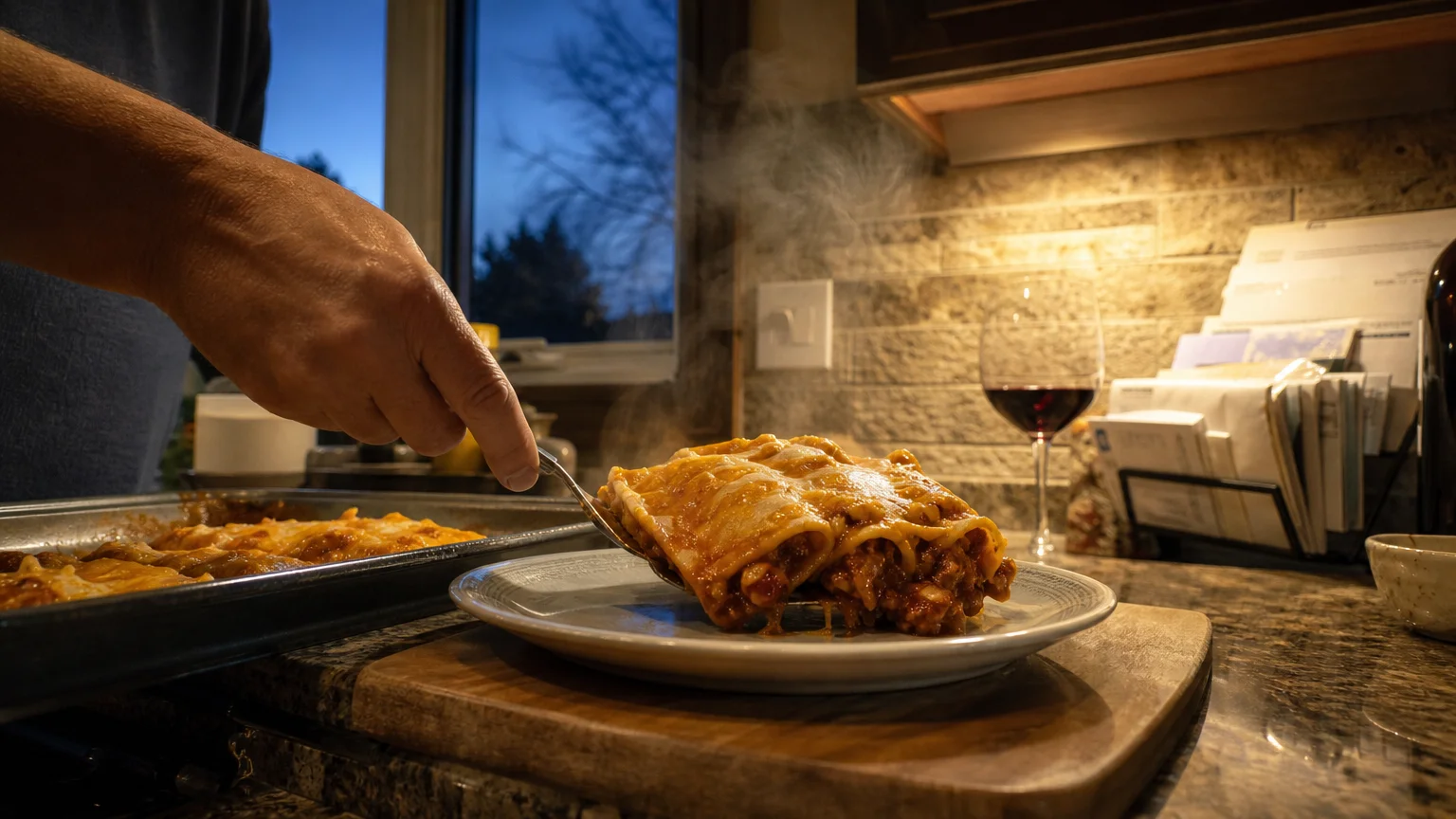A person serving a hot, pre-cooked meal in a home kitchen, capturing the ease of a warehouse dinner solution.