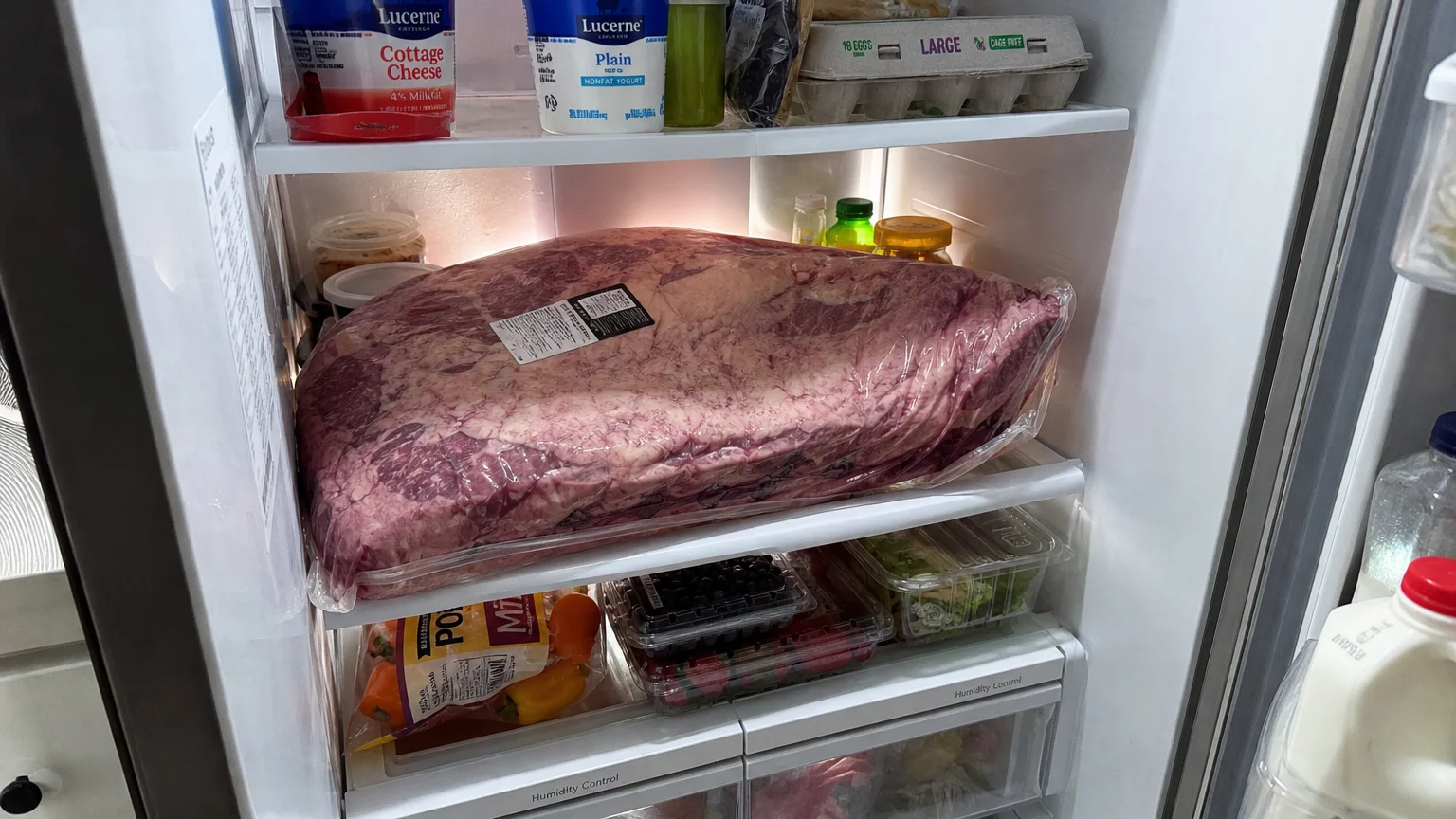 A photograph of an enormous vacuum-sealed brisket taking up an entire shelf inside a crowded home refrigerator.