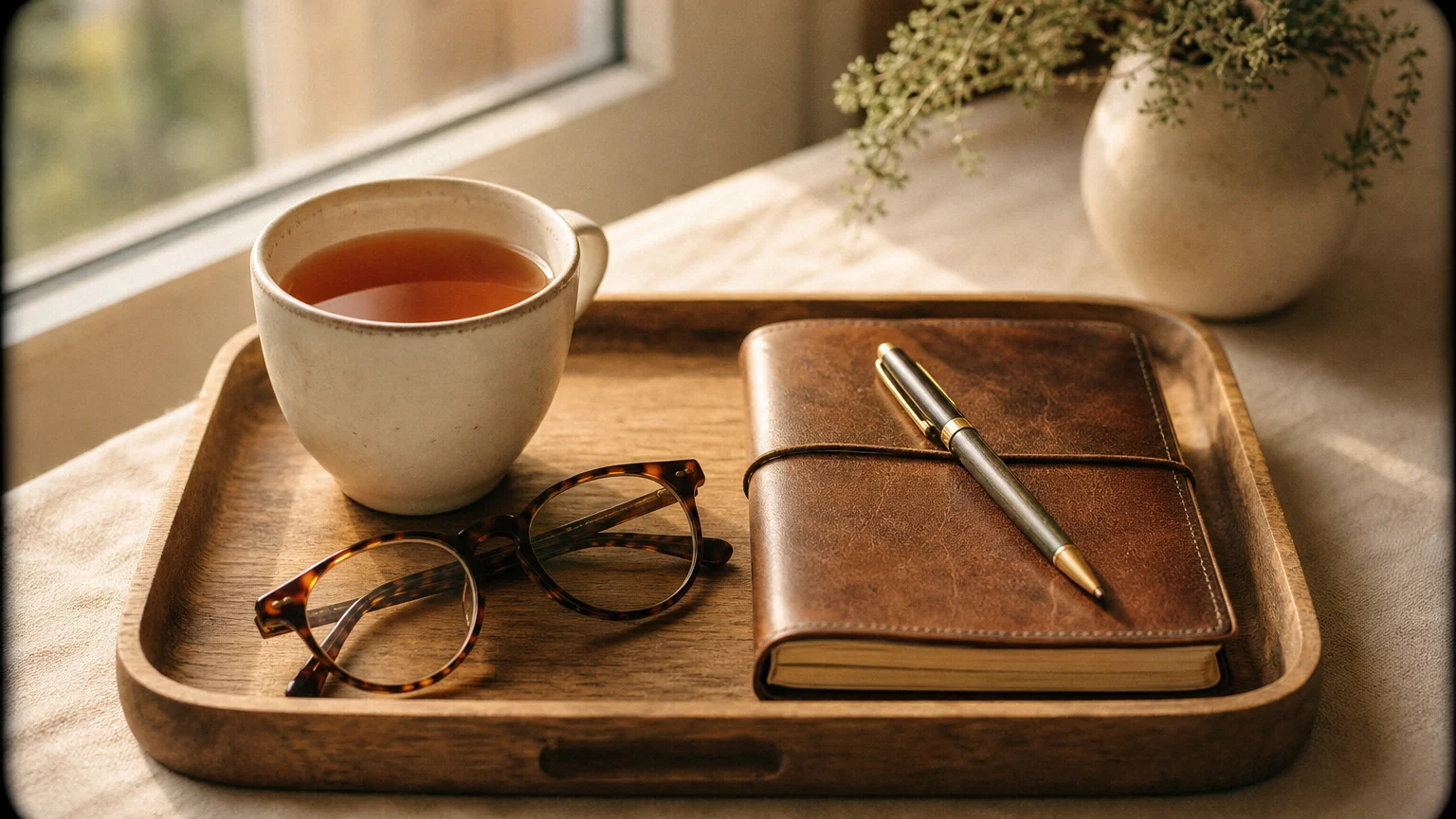 A quiet still life with a tea cup, glasses, and a notebook on a table, representing the peace of mind that comes with financial planning.