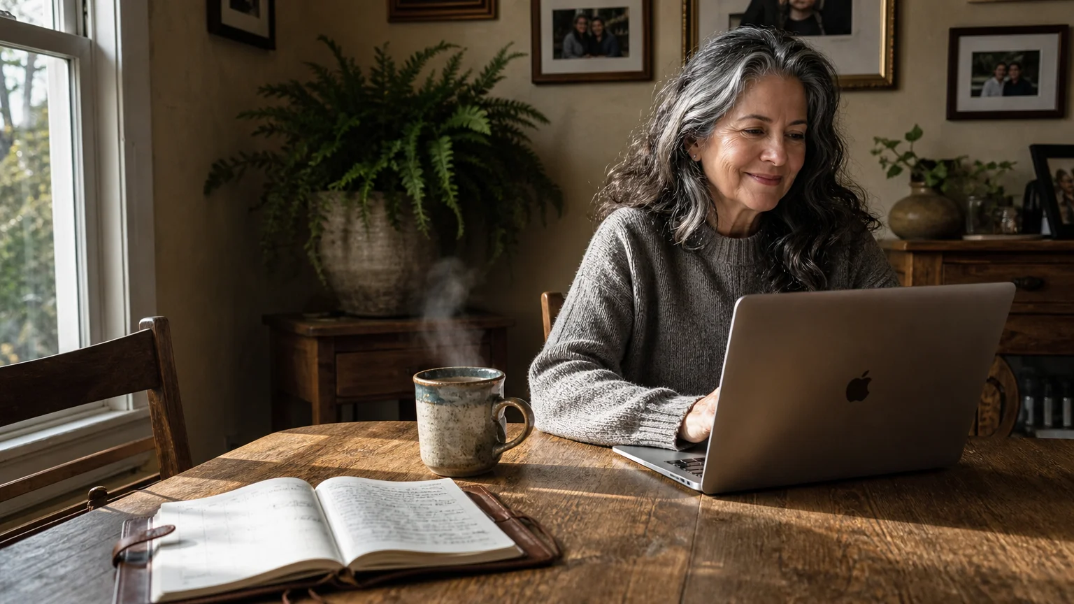 A relaxed retired woman working on her laptop at her sunlit dining table, consulting from home.