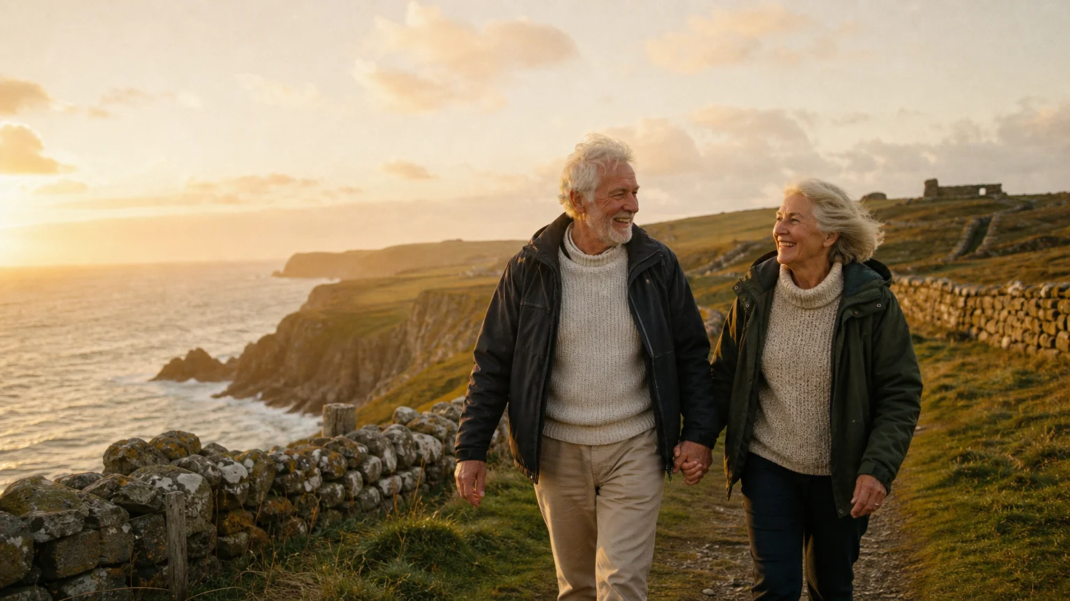A retired couple walks hand-in-hand along a windswept Scottish cliffside path, looking happy and secure.