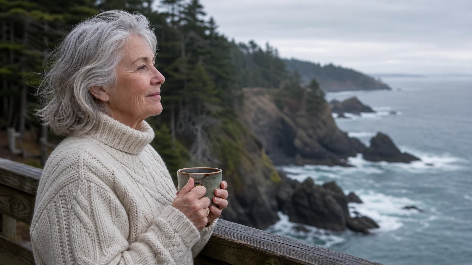 A retired woman in a cozy sweater looks out over the dramatic, rocky coastline of Coos Bay, Oregon.