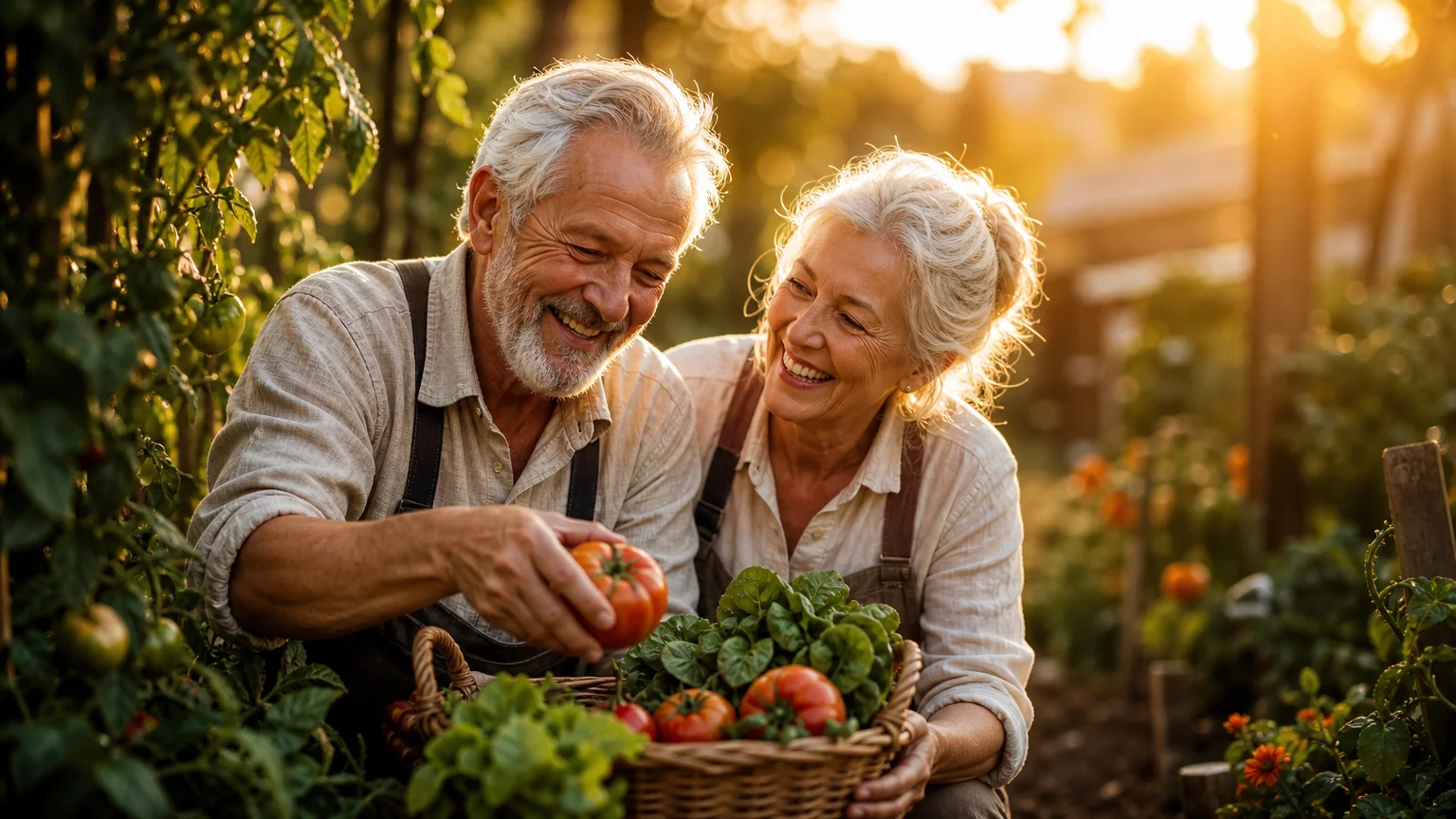 A senior couple laughs while harvesting fresh vegetables in a sunlit community garden, enjoying their active retirement.