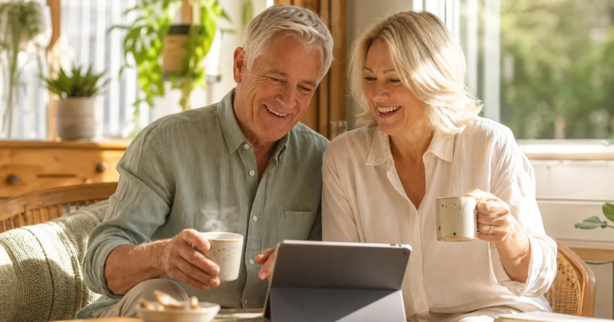 A senior couple relaxes in a sun-drenched sunroom, sipping coffee and reviewing planning notes, enjoying financial peace of mind.