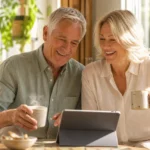 A senior couple relaxes in a sun-drenched sunroom, sipping coffee and reviewing planning notes, enjoying financial peace of mind.