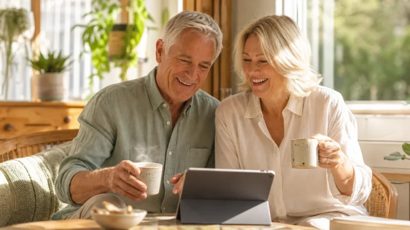 A senior couple relaxes in a sun-drenched sunroom, sipping coffee and reviewing planning notes, enjoying financial peace of mind.