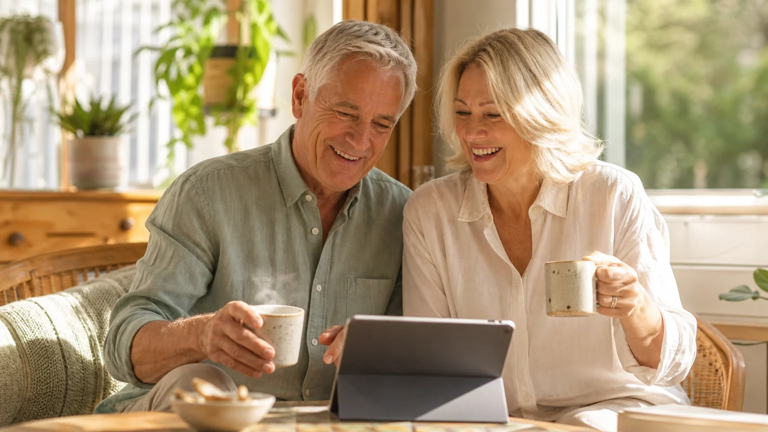 A senior couple relaxes in a sun-drenched sunroom, sipping coffee and reviewing planning notes, enjoying financial peace of mind.