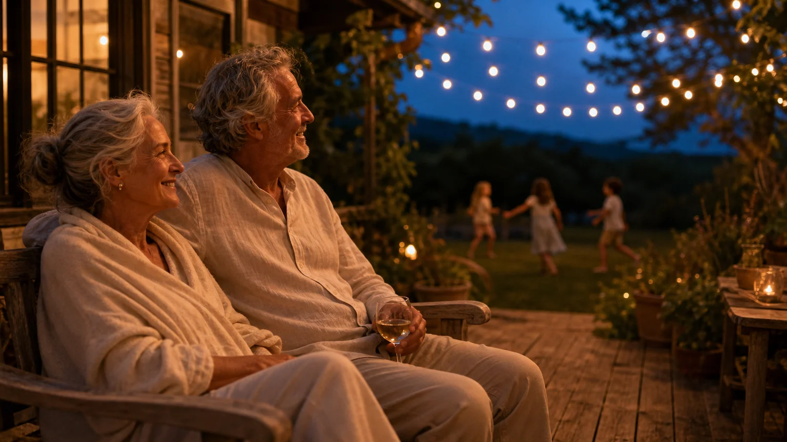 A senior couple sits happily on an outdoor deck, watching their family play on the lawn under warm string lights.