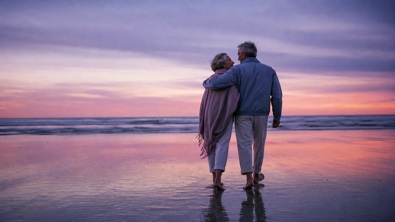 A senior couple walking along a quiet beach at twilight, representing a worry-free retirement.