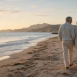 A senior couple walks along a calm beach at sunrise, representing a peaceful and secure retirement future.
