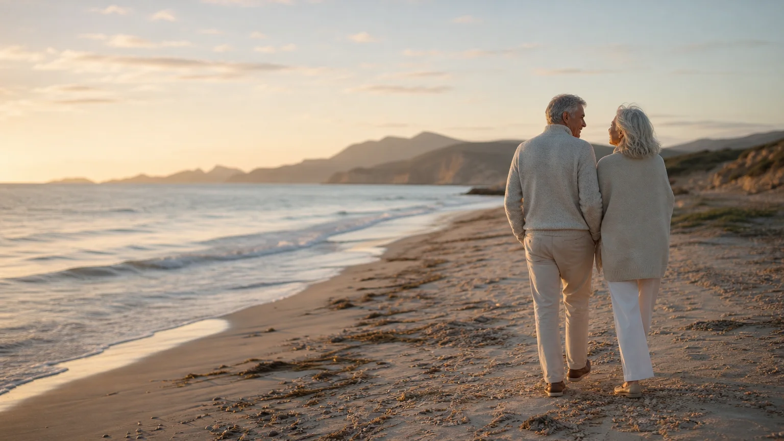 A senior couple walks along a calm beach at sunrise, representing a peaceful and secure retirement future.