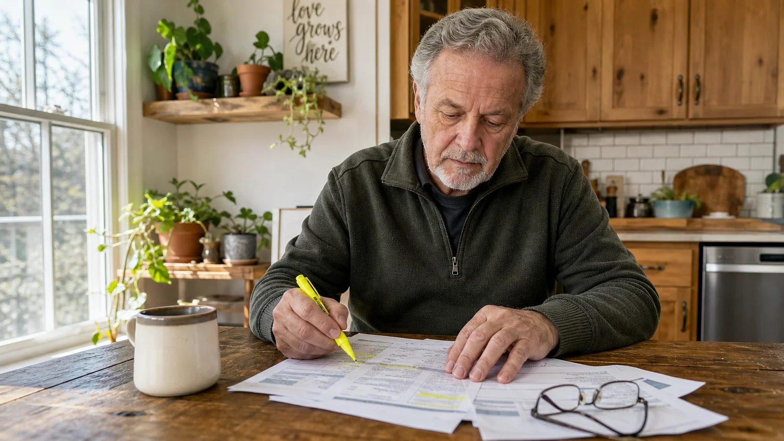A senior man at a wooden kitchen table highlighting paper bank statements with a yellow highlighter under bright morning light.