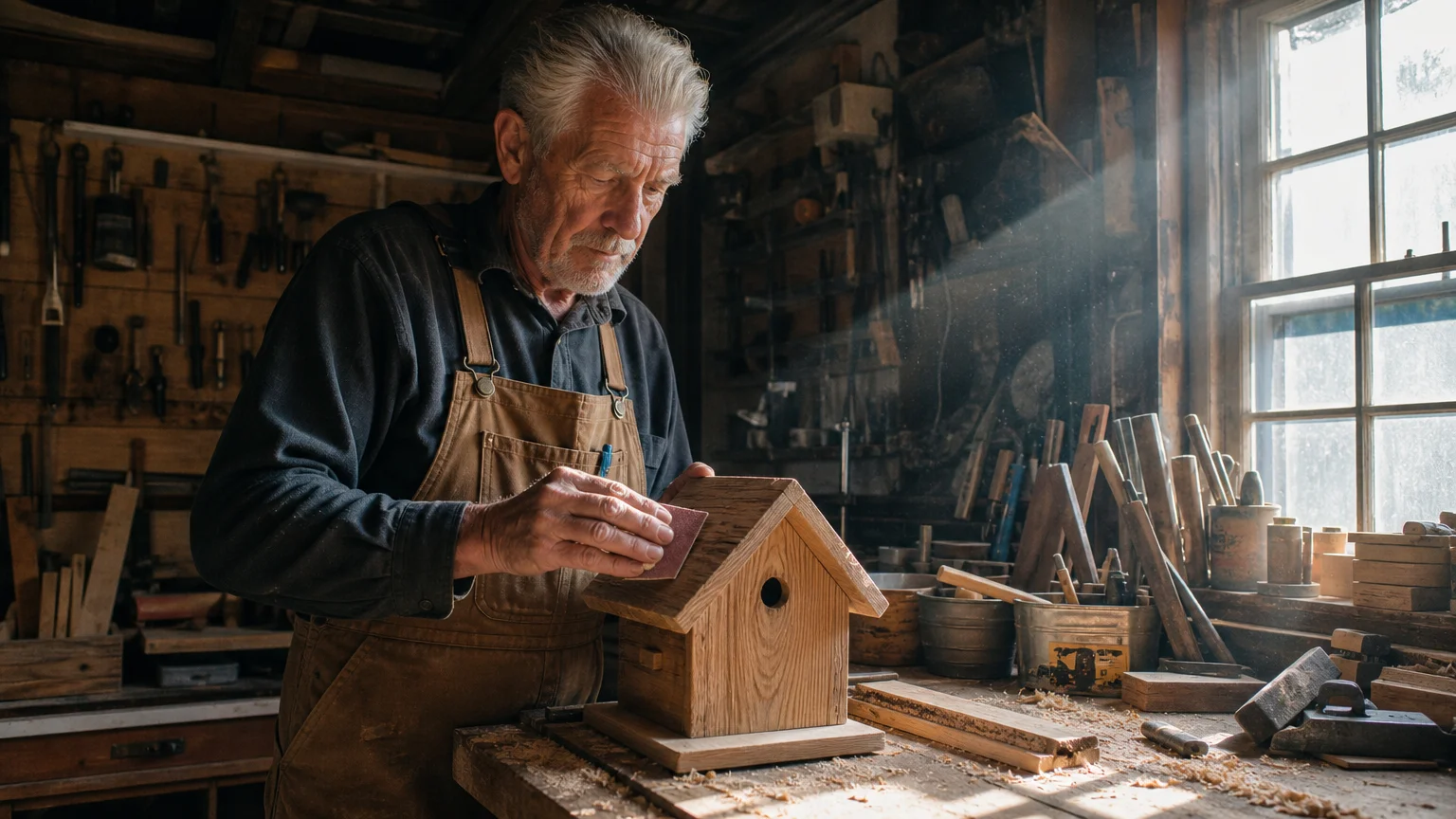 A senior man in canvas overalls happily sanding a handmade wooden birdhouse in his sunlit backyard workshop.