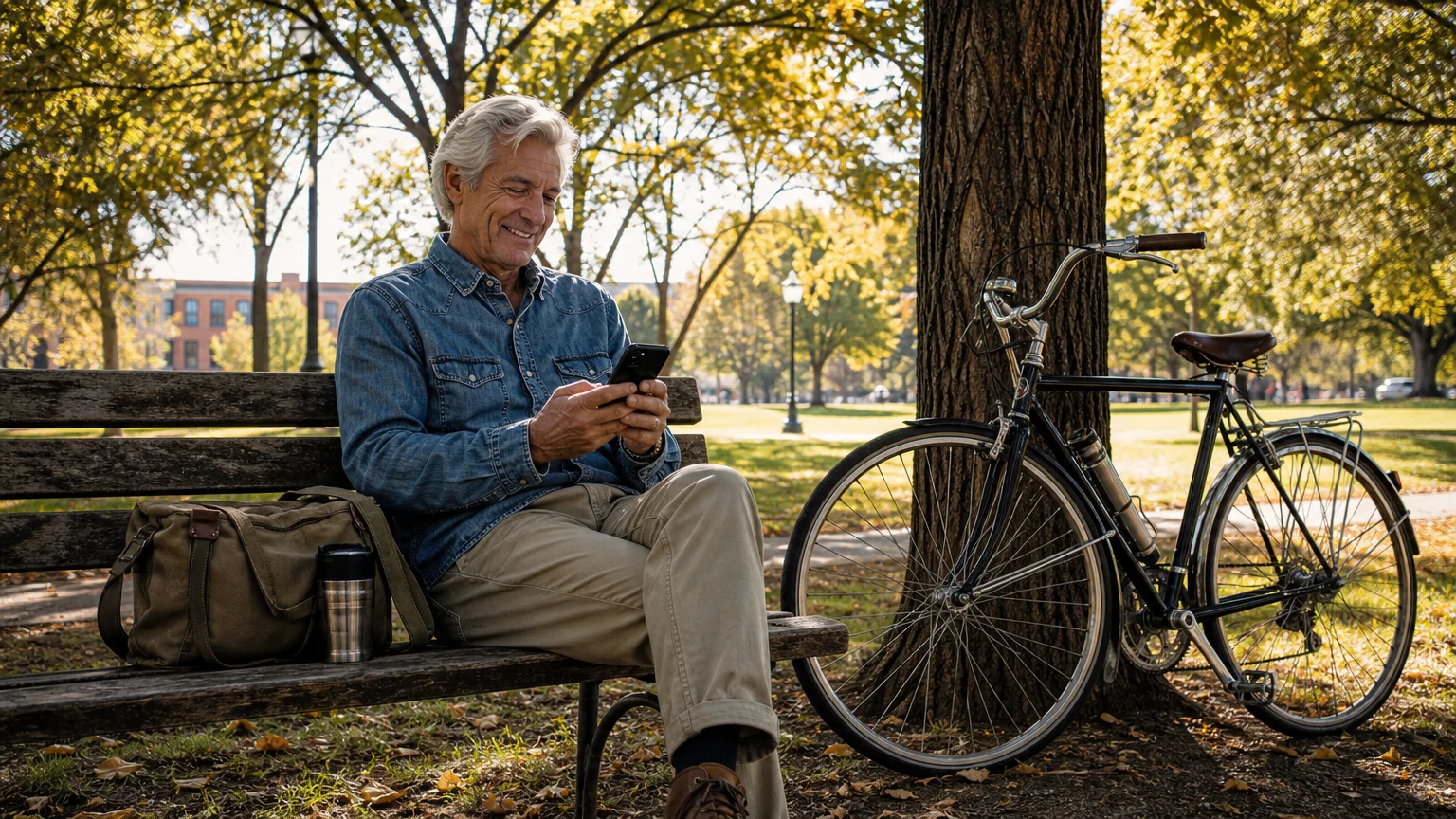 A senior man on a park bench checks his phone next to his bicycle during a sunny autumn afternoon.