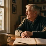 A senior man sitting at a kitchen table looking thoughtfully out a window, with a 2027 planner in the foreground.