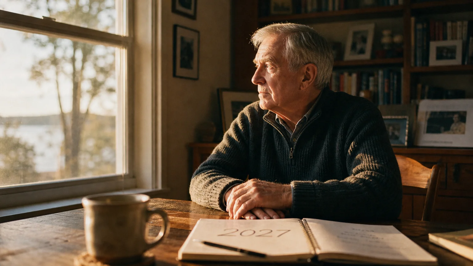 A senior man sitting at a kitchen table looking thoughtfully out a window, with a 2027 planner in the foreground.