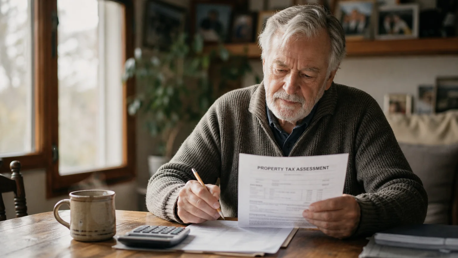 A senior man thoughtfully reviewing a property tax document at a wooden dining table.
