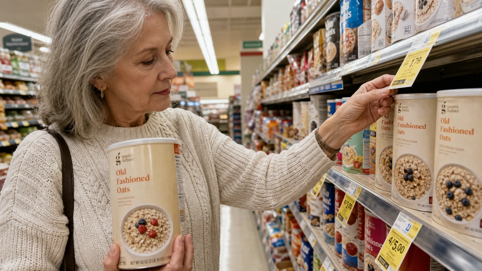 A senior woman checking the unit price on a shelf tag at the grocery store.