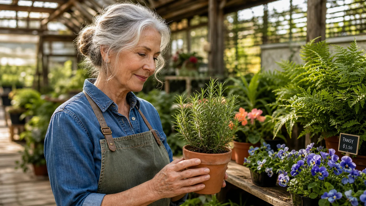 A senior woman in a canvas apron smiles while holding a small herb pot at an outdoor greenhouse nursery.