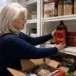 A senior woman in a navy cardigan organizing Kirkland Signature groceries like olive oil and canned salmon in her bright, sunny pantry.