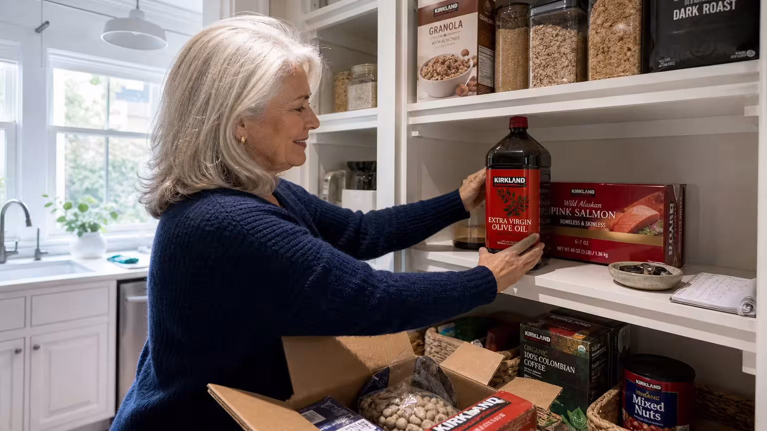 A senior woman in a navy cardigan organizing Kirkland Signature groceries like olive oil and canned salmon in her bright, sunny pantry.