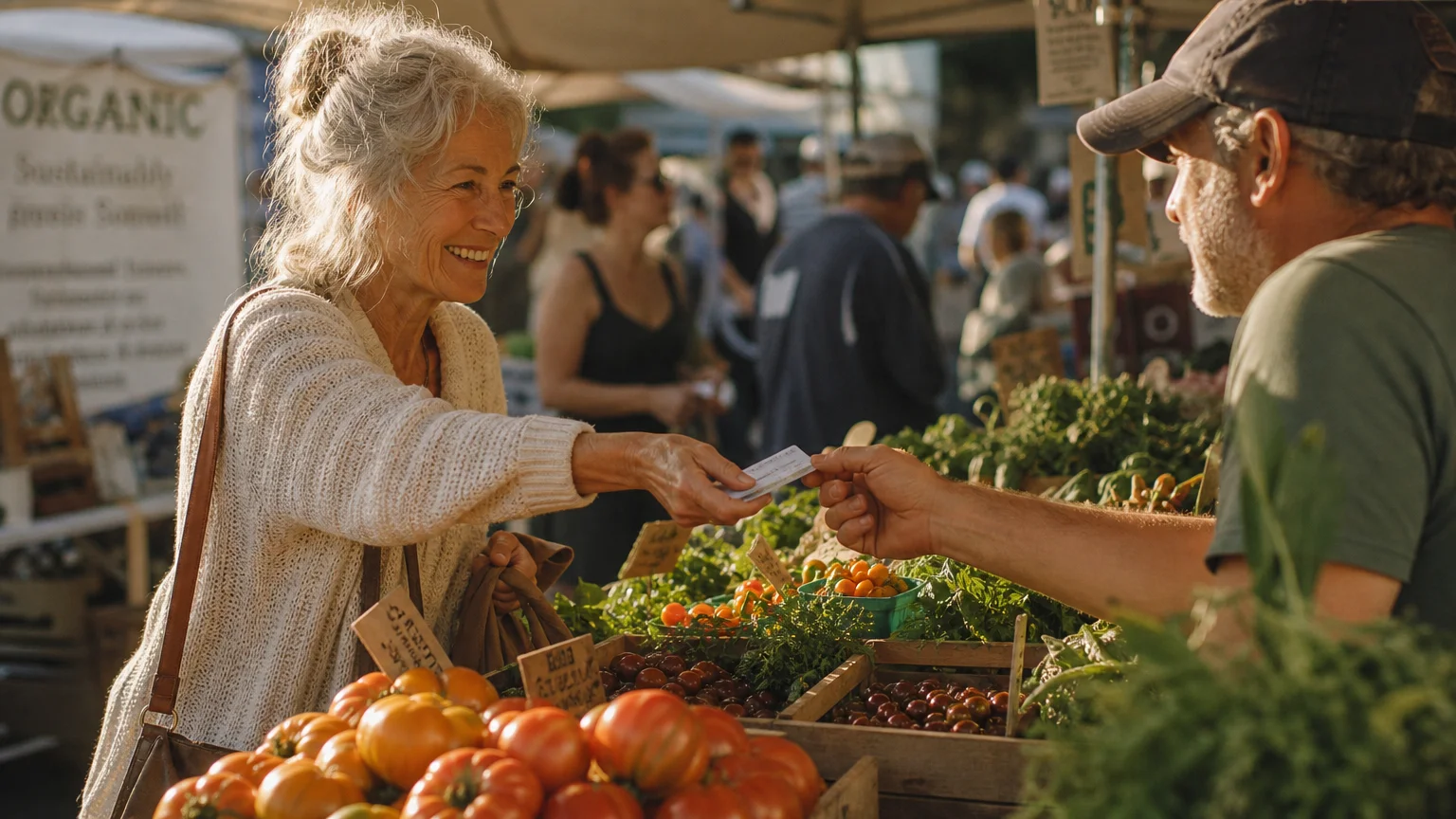 A senior woman smiling as she presents a discount card to a vendor at a sunny, colorful outdoor farmers market.
