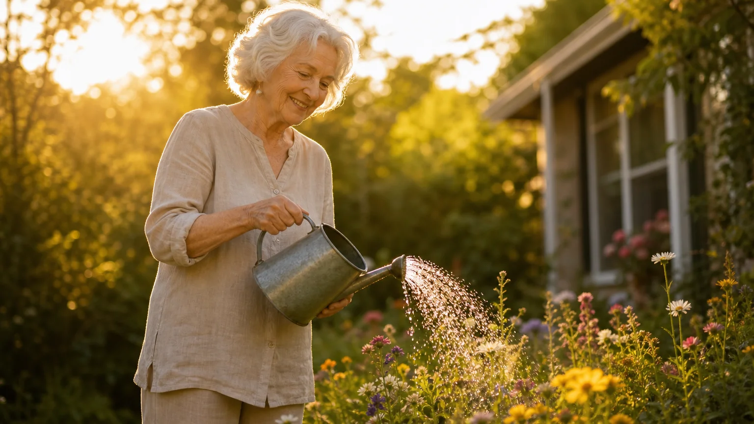 A senior woman smiling warmly while gardening in golden afternoon light, symbolizing a peaceful retirement.