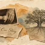 A sentimental mixed media collage featuring a vintage photo of hands, a pressed flower, and a hand-drawn family tree on textured paper.
