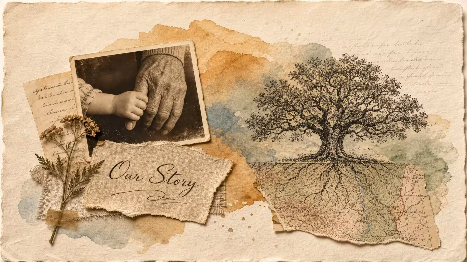 A sentimental mixed media collage featuring a vintage photo of hands, a pressed flower, and a hand-drawn family tree on textured paper.