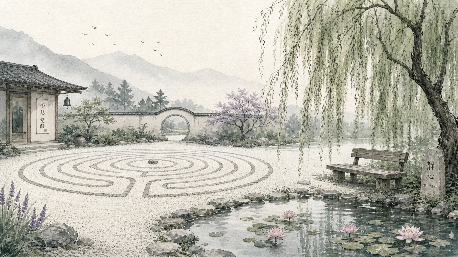 A serene watercolor illustration of a meditation labyrinth in a quiet garden.
