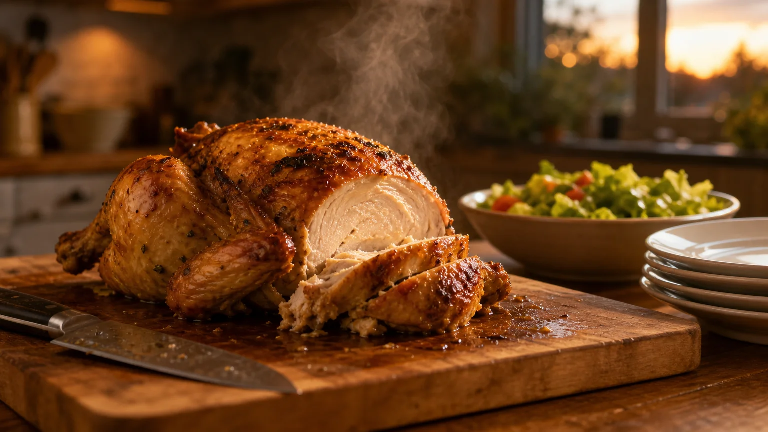 A steaming, golden-brown rotisserie chicken being carved on a wooden board, ready for a family dinner.