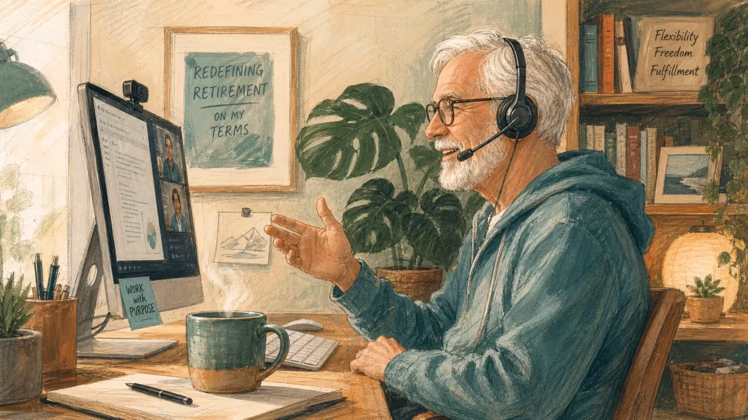 A stylized gouache illustration of an older man with a headset working happily in his colorful, cozy home office.