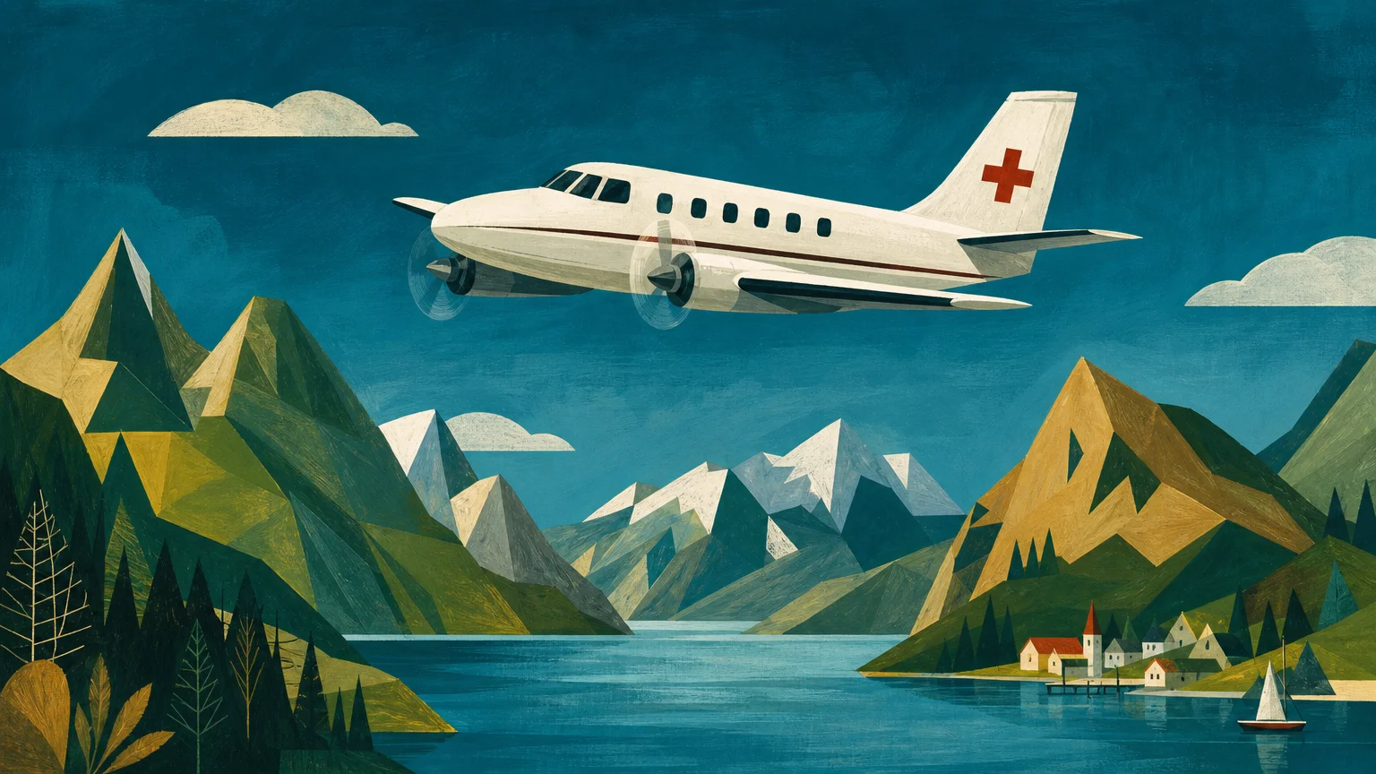 A stylized gouache painting of a white rescue plane flying over green geometric mountains and a blue sea.