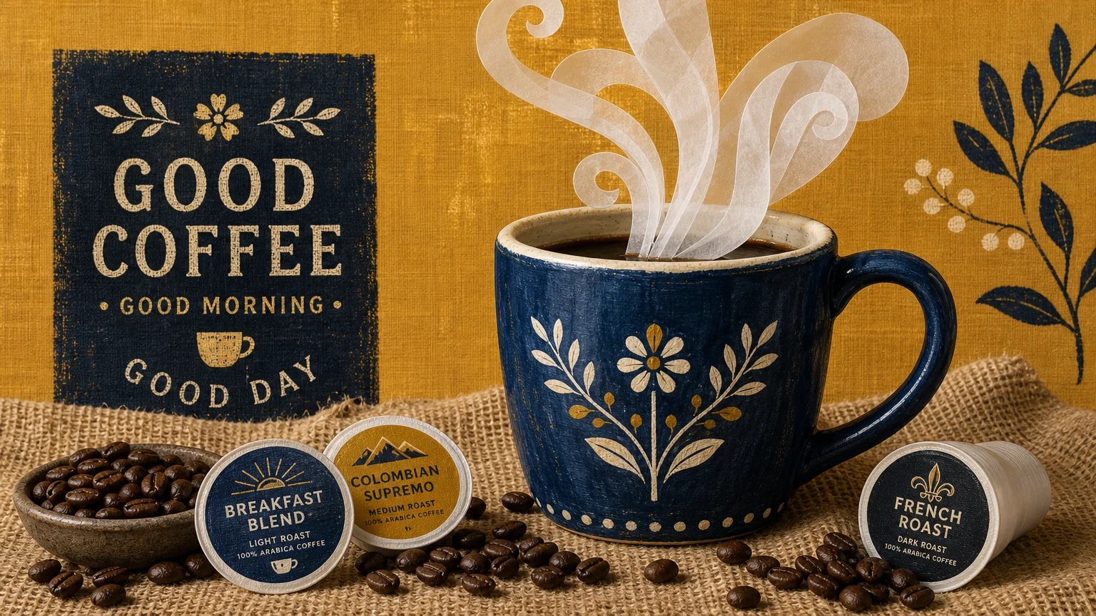 A stylized mixed-media art piece featuring a steaming coffee mug and roasted coffee beans on a textured background.