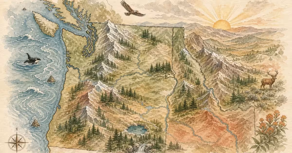 A stylized watercolor map of the Pacific Northwest featuring mountains, forests, and ocean waves in warm, natural tones.
