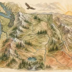 A stylized watercolor map of the Pacific Northwest featuring mountains, forests, and ocean waves in warm, natural tones.