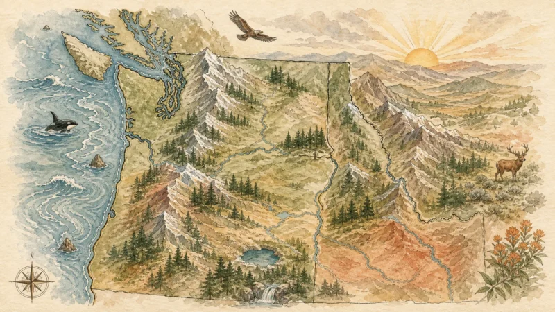 A stylized watercolor map of the Pacific Northwest featuring mountains, forests, and ocean waves in warm, natural tones.