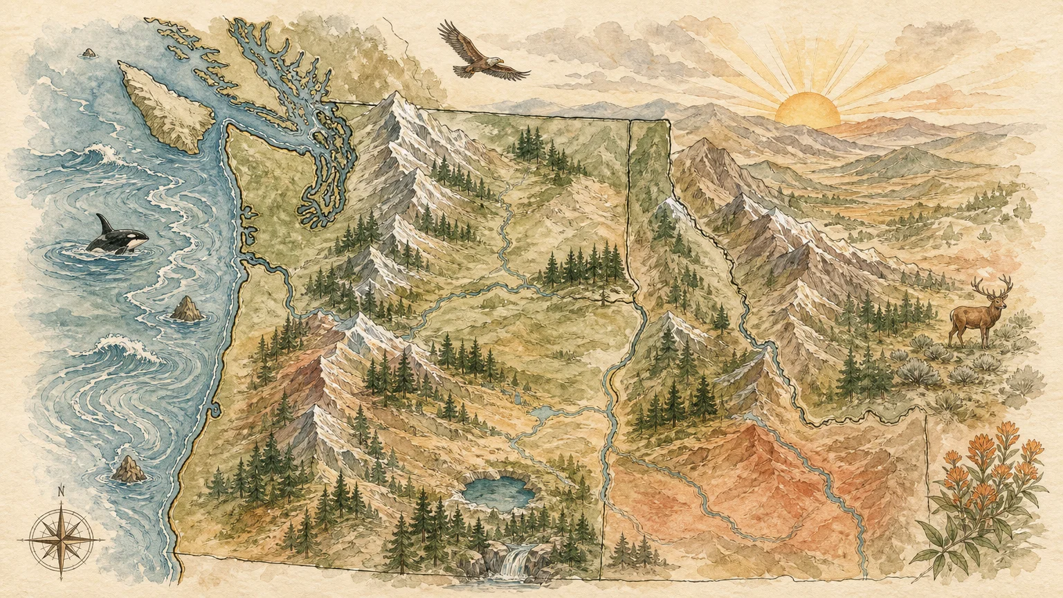 A stylized watercolor map of the Pacific Northwest featuring mountains, forests, and ocean waves in warm, natural tones.