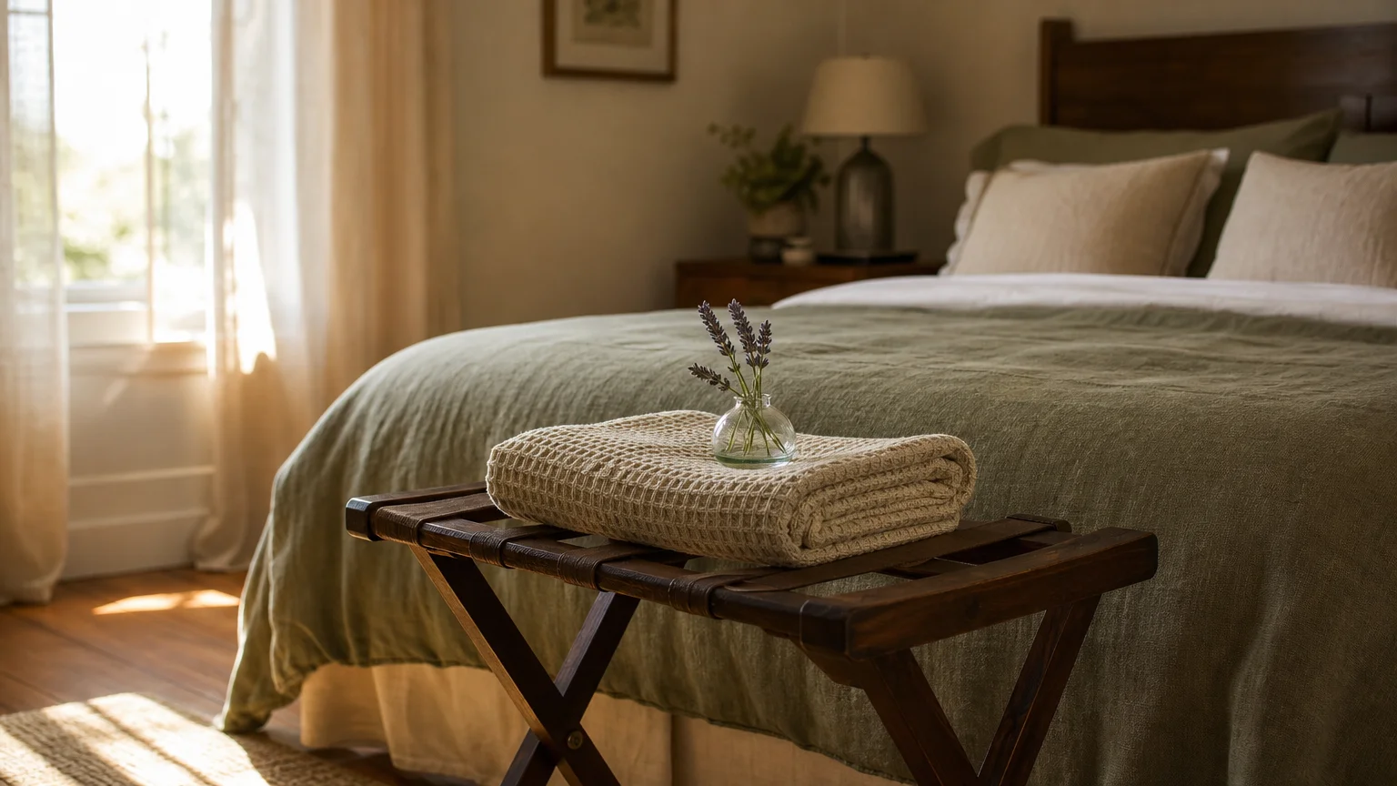 A sunlit, cozy guest bedroom with fresh linen towels and lavender, ready for visitors.